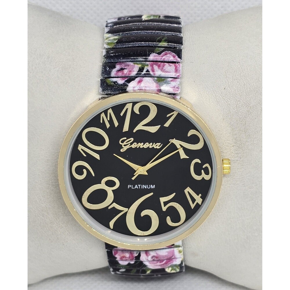 Women's Geneva Platinum Round Gold Tone Metal Floral Stretch Band Watch 13 - Picture 5 of 8